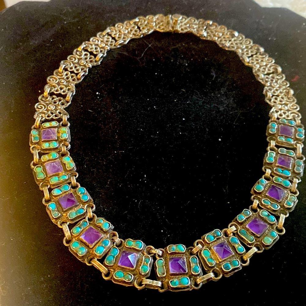 I Of a kind , vintage necklace. Sterling silver  ,turquoise balls ,amethyst.